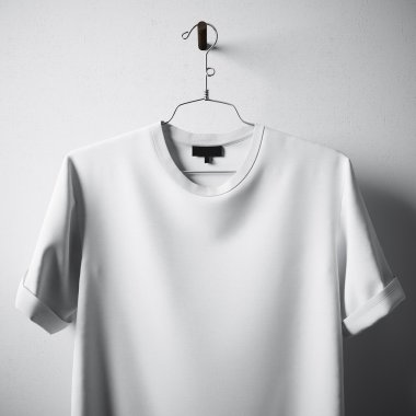 Closeup Beyaz Boş Pamuk Tshirt Asma Merkezi Gri Beton Boş Duvar Background.Mockup Son Derece Detaylı Doku Malzemeleri.Clear Label Alan İş Mesajı için. Meydanı. 3d render.