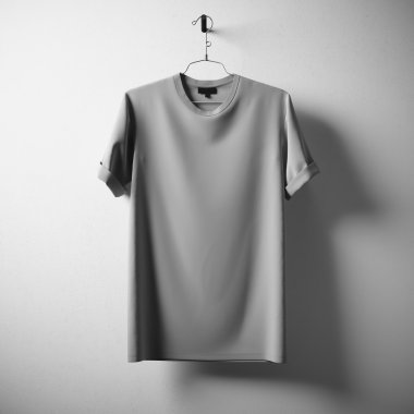 Boş Gri Pamuk Tshirt Asma Merkezi Beyaz Beton Boş Duvar Background.Mockup Son Derece Detaylı Doku Malzemeleri.Clear Label Alan İş Mesajı için. Meydanı. 3d render.