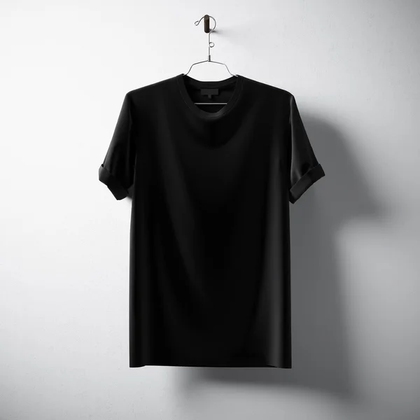 Black Blank Cotton Tshirt Hanging Center Concrete White Empty Background.Mockup Highly Detailed Texture Materials.Clear Label Space for Business Message. Square. 3D rendering. — Stock Photo, Image