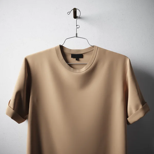 Closeup Blank Brown Cotton Tshirt Hanging Center Concrete White Empty Background.Mockup Highly Detailed Texture Materials.Clear Label Space for Business Message. Square. 3D rendering. — Stock Photo, Image