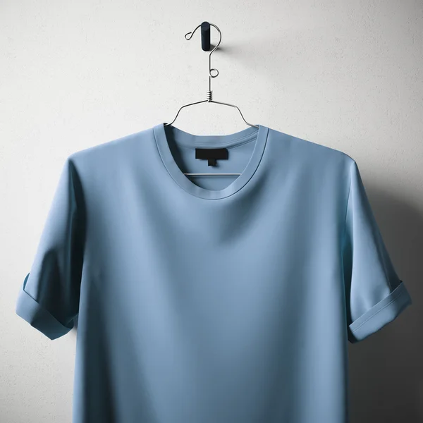 Closeup Blank Blue Color Cotton Tshirt Hanging Center Concrete White Empty Background.Mockup Highly Detailed Texture Materials.Clear Label Space for Business Message. Square. 3D rendering. — Stock Photo, Image