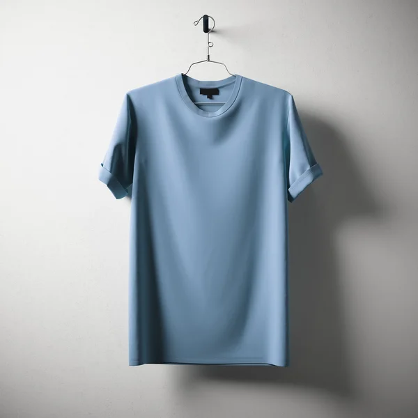 Blank Blue Cotton Tshirt Hanging Center Concrete White Empty Background.Mockup Highly Detailed Texture Materials.Clear Label Space for Business Message. Square. 3D rendering. — Stock Photo, Image