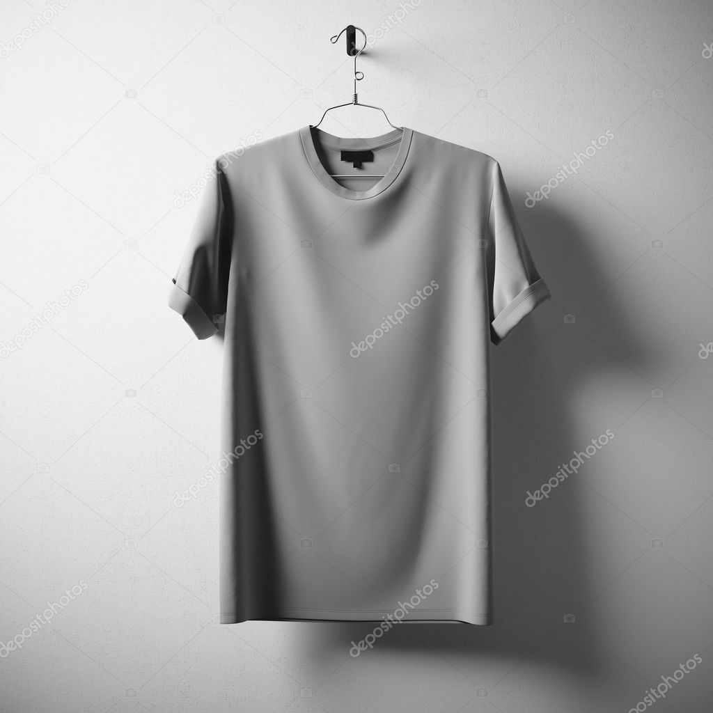 Blank Gray Cotton Tshirt Hanging Center White Concrete Empty Wall Background.Mockup Highly Detailed Texture Materials.Clear Label Space for Business Message. Square. 3D rendering.