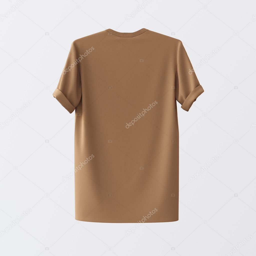 Blank Brown Textile Tshirt Isolated Center White Empty Background.Mockup Highly Detailed Texture Materials.Space for Business Message. Square.Back Side. 3D rendering.