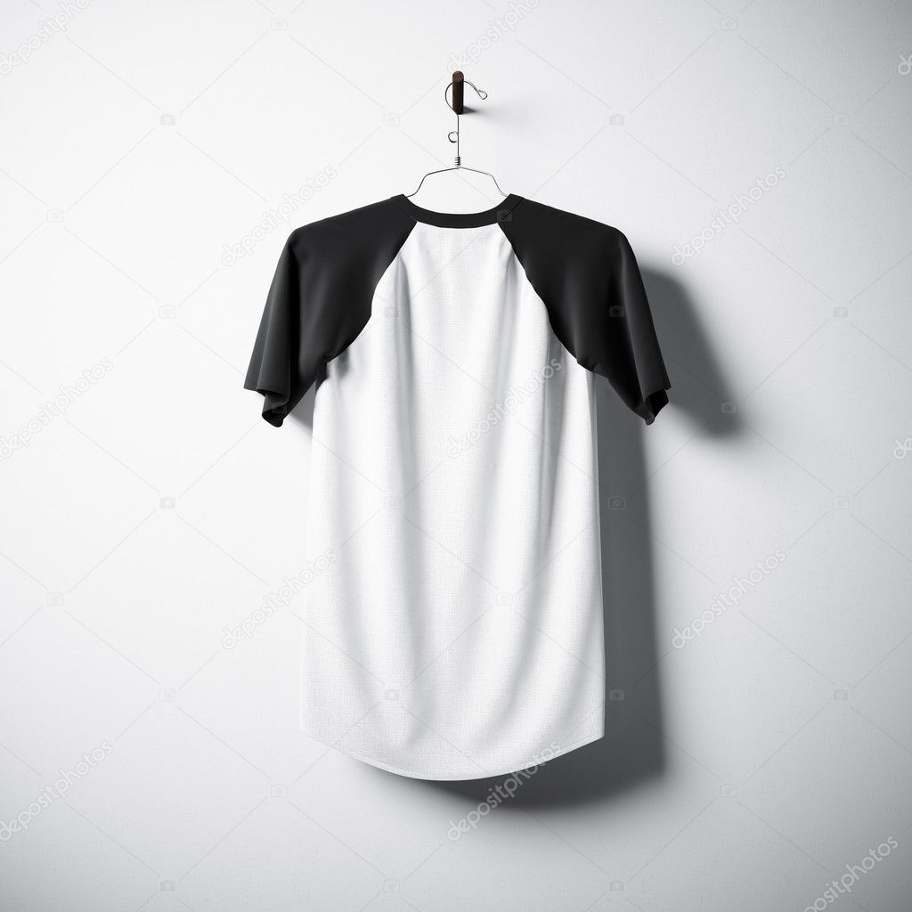 Blank black and white cotton tshirt hanging in center of empty concrete wall. Clear mockup with highly detailed textured materials. Square. Back side view. 3D rendering.