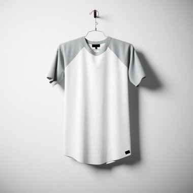 Beyaz ve gri renklerin boş pamuklu tshirt merkezi boş beton duvar asılı. Son derece ayrıntılı dokulu malzemelerle etiket maketini temizleyin. Meydanı. Ön taraf görünümü. 3d render.