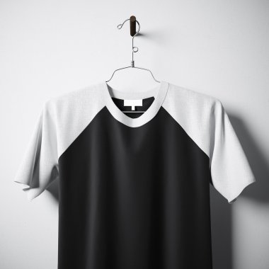 Orta boş beton duvarasılı boş pamuklu tshirt beyaz ve siyah renklerin closeup. Son derece ayrıntılı dokulu malzemelerle etiket maketini temizleyin. Meydanı. Ön taraf görünümü. 3d render.
