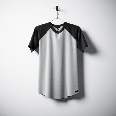 Gri ve siyah renklerin boş pamuklu tshirt merkezi boş beton duvar asılı. Son derece ayrıntılı doku malzemeleri ile etiket maketini temizleyin. Meydanı. Ön taraf görünümü. 3d render.