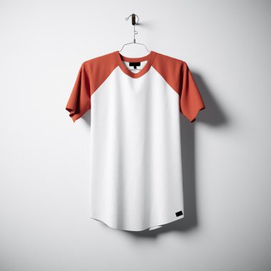 Boş pamuk tshirt beyaz ve turuncu renk Merkezi boş beton duvara asılı. Açık etiket mockup son derece detaylı dokulu malzemeler ile. Kare. Ön görünüm. 3D render.