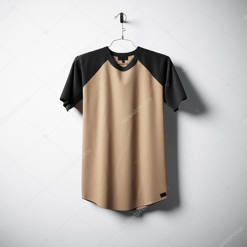 Blank cotton tshirt of brown color hanging in center empty concrete wall. Clear label mockup with highly detailed texture materials. Square. Front side view. 3D rendering.