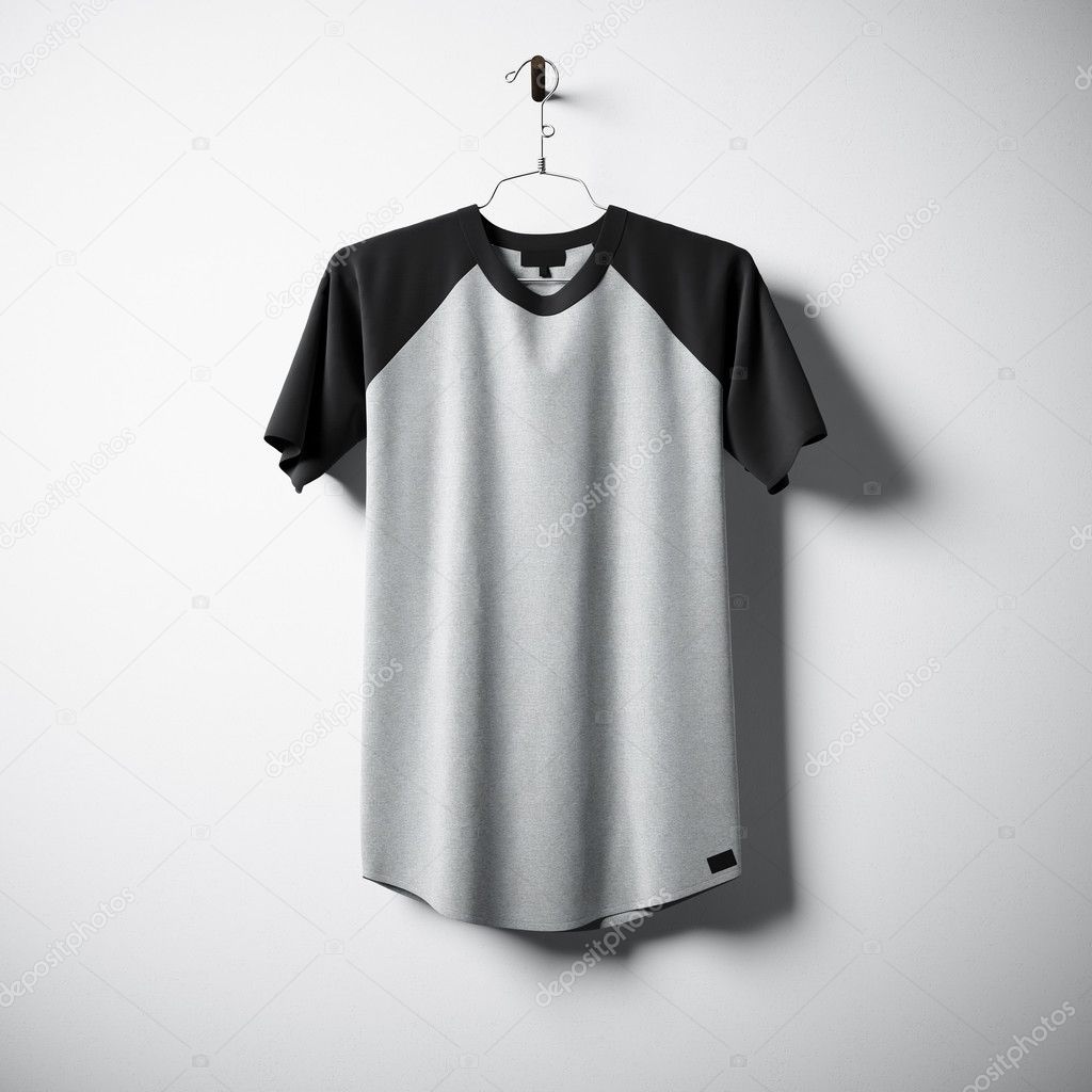 Blank cotton tshirt of gray and black colors hanging in center empty concrete wall. Clear label mockup with highly detailed texture materials. Square. Front side view. 3D rendering.