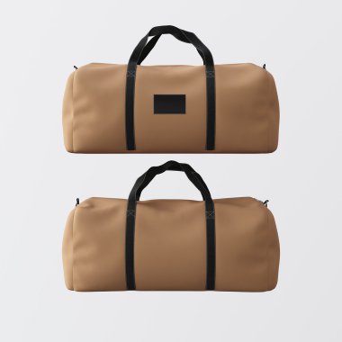 Spor moda çanta siyah kulplu beyaz arka plan izole kahverengi renk. Son derece ayrıntılı doku kare fotoğraf malzemelerinde. Ön tarafta boş mockup etiket. Çift taraflı sahte up.3d işleme