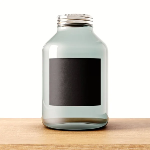 透明玻璃与封闭的金属盖，木桌上一个空瓶。在背景的白墙。清洁玻璃容器和黑色样机标签。饮料，食品存储 concept.3d 呈现. — 图库照片