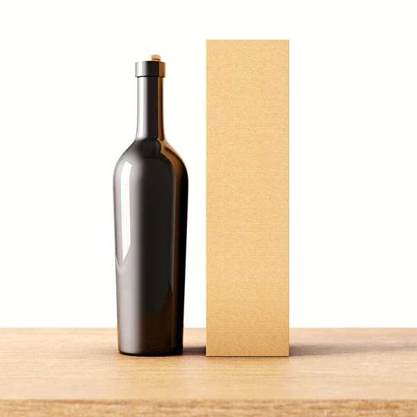 Primer plano una botella de vidrio gris no transparente de vino en el escritorio de madera, fondo de pared blanco. concepto de contenedor de vidrio vacío y mockup bolsa de papel artesanal para embotellas. representación 3d. Vista frontal . — Foto de Stock