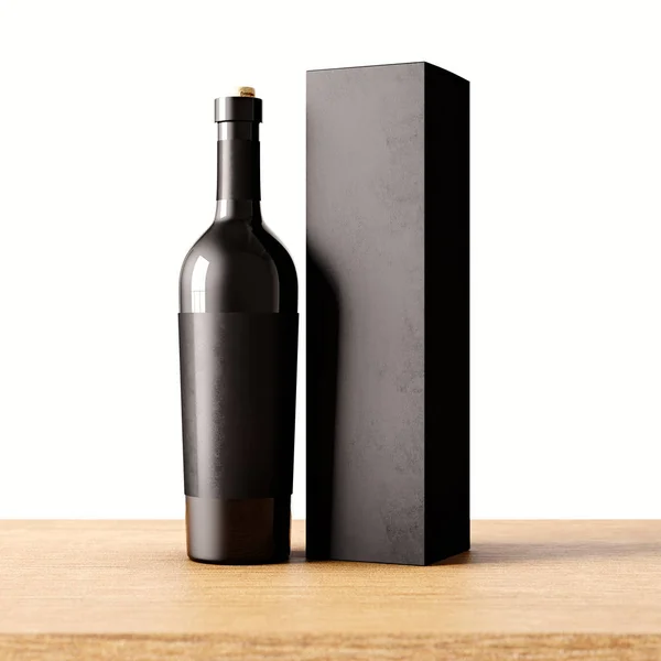 特写一个不透明的灰色玻璃瓶葡萄酒的木桌，白色的背景墙。Bottles.3d 呈现的空玻璃容器概念和样机黑纸包. — 图库照片