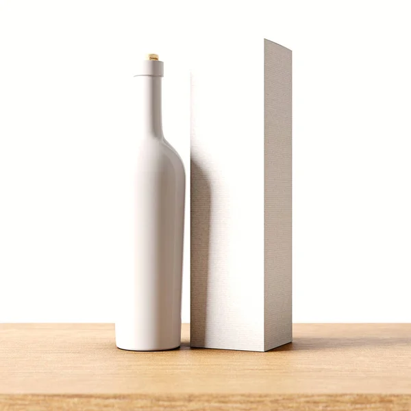 Primer plano una botella de vidrio blanco no transparente de vino en el escritorio de madera, fondo de pared gris. Concepto de contenedor de vidrio vacío con etiqueta de maqueta y bolsa de papel de cartón para botellas. . — Foto de Stock