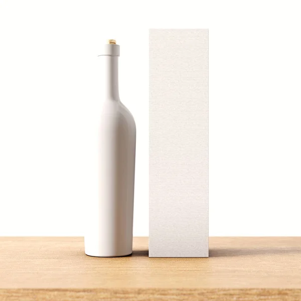 Primer plano de una botella de vino de vidrio blanco no transparente en el escritorio de madera, fondo de pared gris. Concepto de contenedor de vidrio vacío con etiqueta de maqueta y bolsa de papel de cartón para botellas. — Foto de Stock