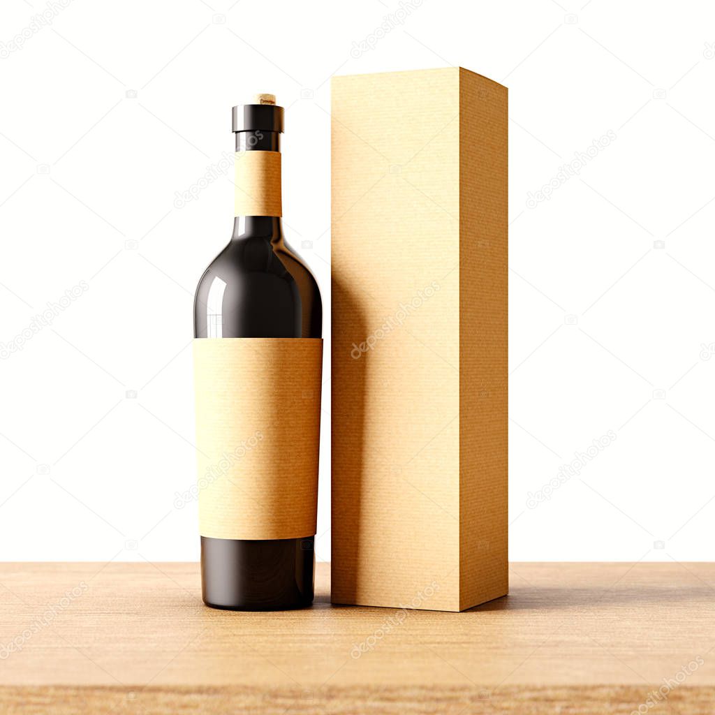 Closeup one not transparent gray glass bottle of wine on the wooden desk, white wall background.Empty glassy container concept with craft mockup label and carton paper bag for bottles.3d rendering.