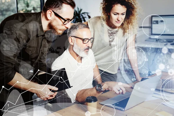 Concept of digital screen,virtual connection icon,diagram, graph interfaces.Bearded successful businessman talking with colleague about startup project.Business people discussion.Horizontal. — Stock Photo, Image