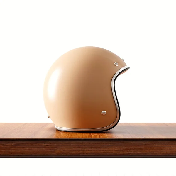 Vista lateral do capacete de motocicleta estilo vintage de cor marrom na mesa de madeira natural.Conceito objeto clássico branco background.Square.3d renderização . — Fotografia de Stock