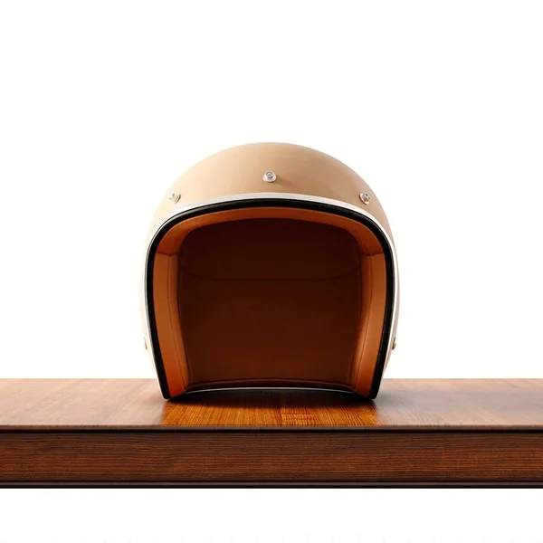 Vista frontal lateral del casco de motocicleta de estilo vintage de color marrón en escritorio de madera natural.Concepto objeto clásico fondo blanco.Square.3d representación . —  Fotos de Stock