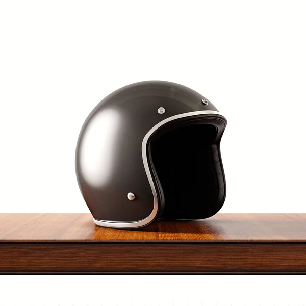 Μερική άποψη του κράνους μοτοσικλέτας ρετρό στυλ μαύρο χρώμα στο φυσικό ξύλινο γραφείο. Έννοια κλασικό αντικείμενο λευκό φόντο. Square.3D απόδοση. — Φωτογραφία Αρχείου
