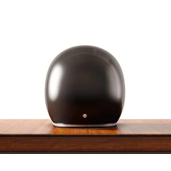 Вид сзади мотоциклетного шлема черного цвета в винтажном стиле на натуральном деревянном рабочем столе. . — стоковое фото
