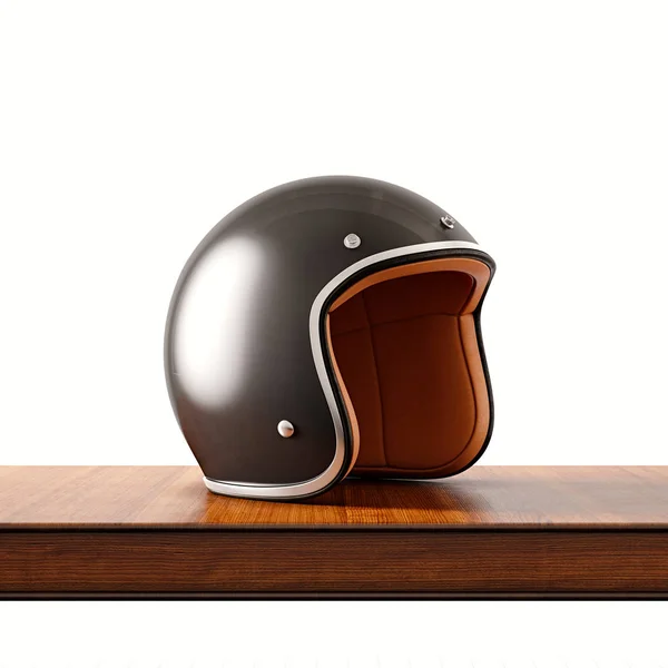 Μερική άποψη του κράνους μοτοσικλέτας ρετρό στυλ μαύρο χρώμα στο φυσικό ξύλινο γραφείο. Έννοια κλασικό αντικείμενο απομονώνεται λευκό φόντο. Square.3D απόδοση. — Φωτογραφία Αρχείου