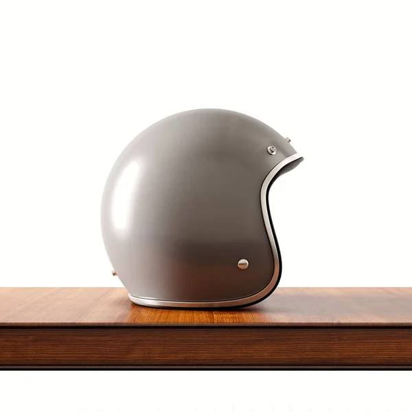 Seitenansicht der grauen Farbe Vintage-Stil Motorradhelm auf natürlichen hölzernen desk.concept klassischen Objekt weißen background.square.3d Rendering. — Stockfoto