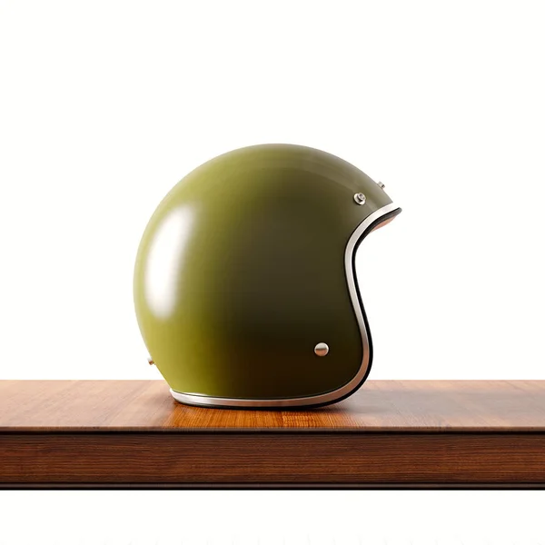 Vue latérale du casque de moto de style vintage de couleur verte sur un bureau en bois naturel.Concept objet classique isolé à fond blanc.Square.3d rendu . — Photo