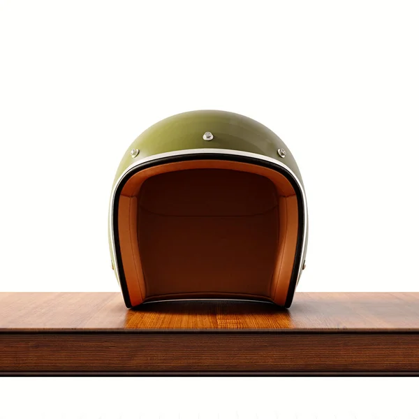 Widok przodu kask motocyklowy Styl vintage kolor zielony na biurko z drewna naturalnego. Koncepcja klasyczny obiekt na białym tle. Square.3D renderowania. — Zdjęcie stockowe
