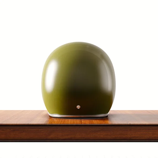 Widok boczny zielony kolor stylu vintage motocykl kask z powrotem na biurko z drewna naturalnego. Koncepcja klasyczny obiekt na białym tle. Square.3D renderowania. — Zdjęcie stockowe