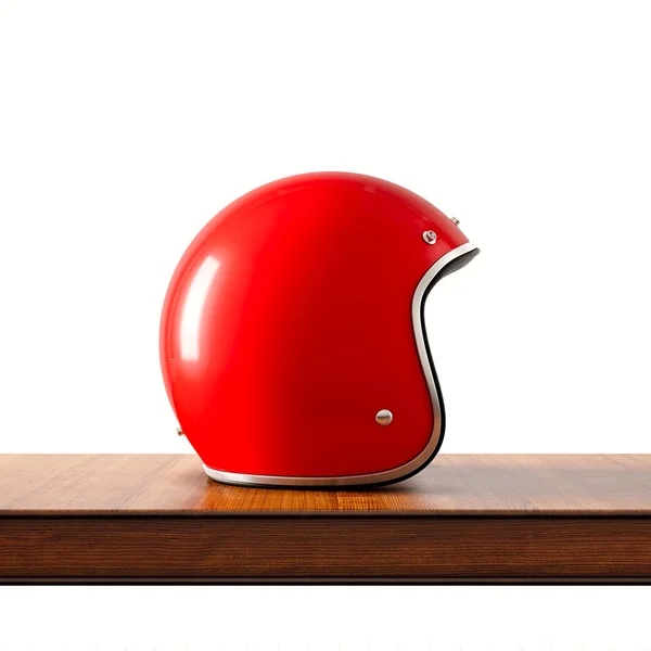 Zijaanzicht van rode kleur vintage stijl Motorhelm op natuurlijke houten bureau. Concept klassieke object geïsoleerd op een witte achtergrond. Square.3D weergave. — Stockfoto