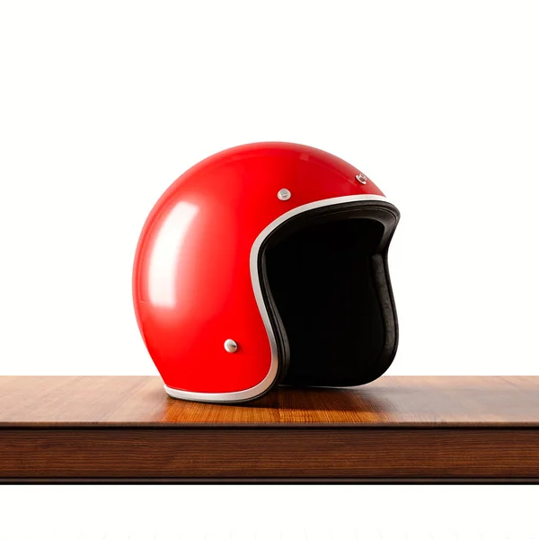 Vista lateral del casco de motocicleta de estilo retro de color rojo en escritorio de madera natural.Concepto objeto clásico aislado fondo blanco.Square.3d representación . — Foto de Stock