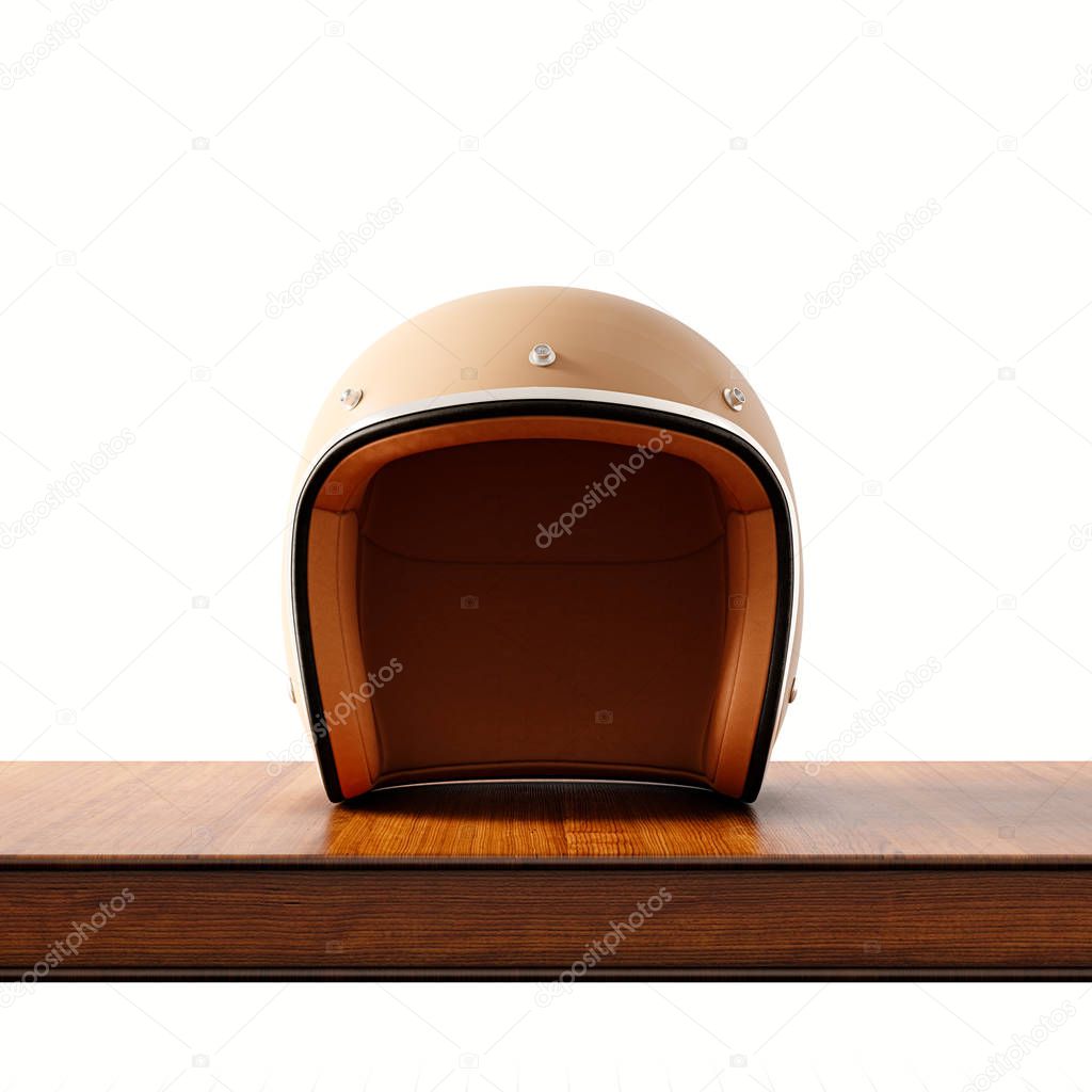 Front side view of brown color vintage style motorcycle helmet on natural wooden desk.Concept classic object white background.Square.3d rendering.