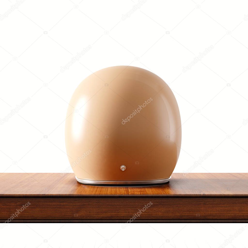 Back side view of brown color vintage style motorcycle helmet on natural wooden desk.Concept classic object white background.Square.3d rendering.