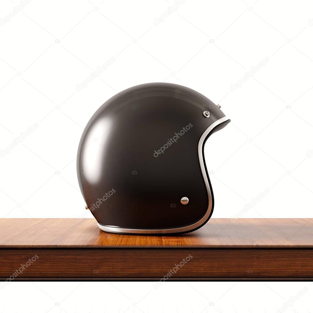 Side view of black color vintage style motorcycle helmet on natural wooden desk.Concept classic object white background.Square.3d rendering.