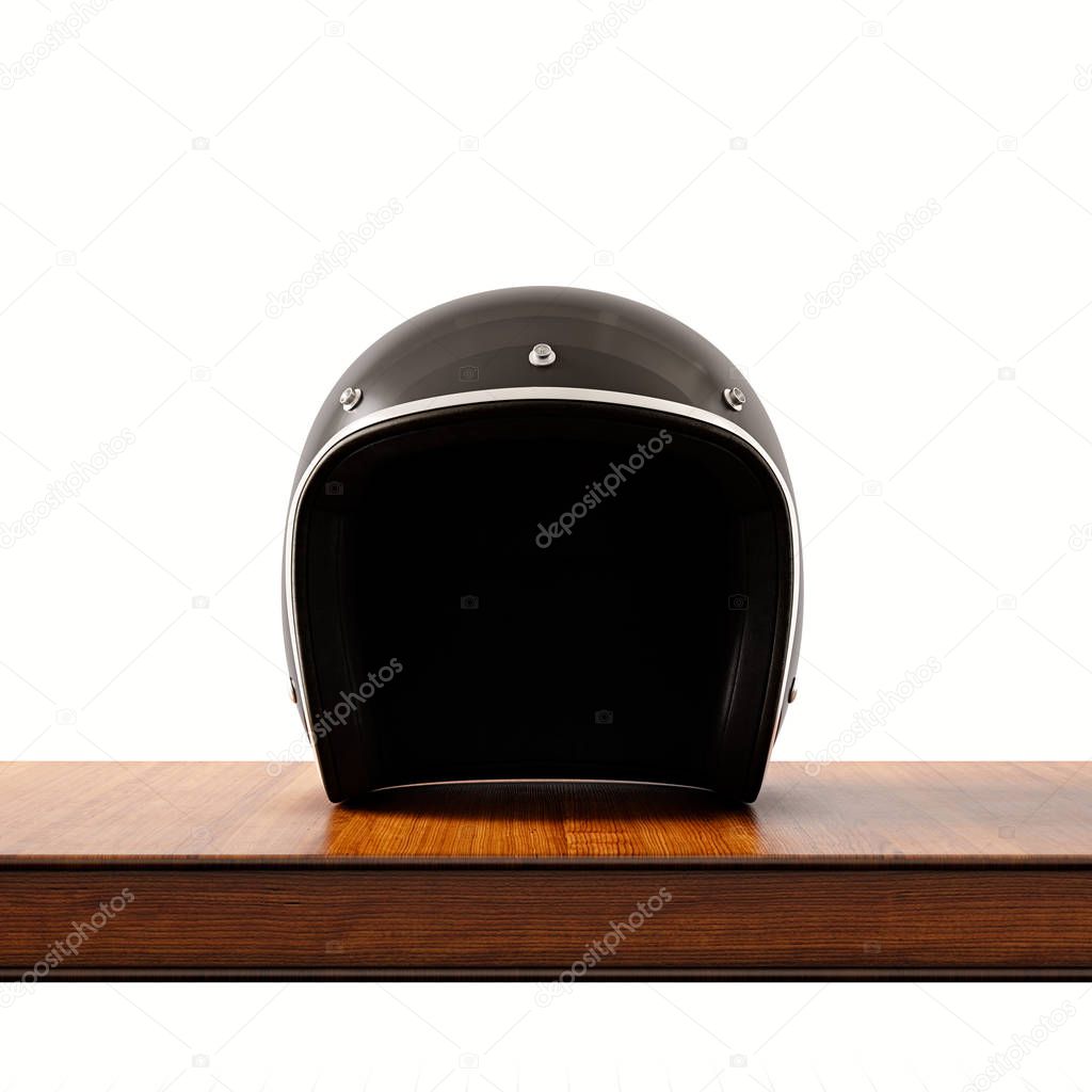Front side view of black color vintage style motorcycle helmet on natural wooden desk.Concept classic object white background.Square.3d rendering.