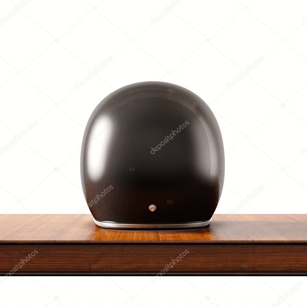 Back side view of black color vintage style motorcycle helmet on natural wooden desk.Concept classic object white background.Square.3d rendering.