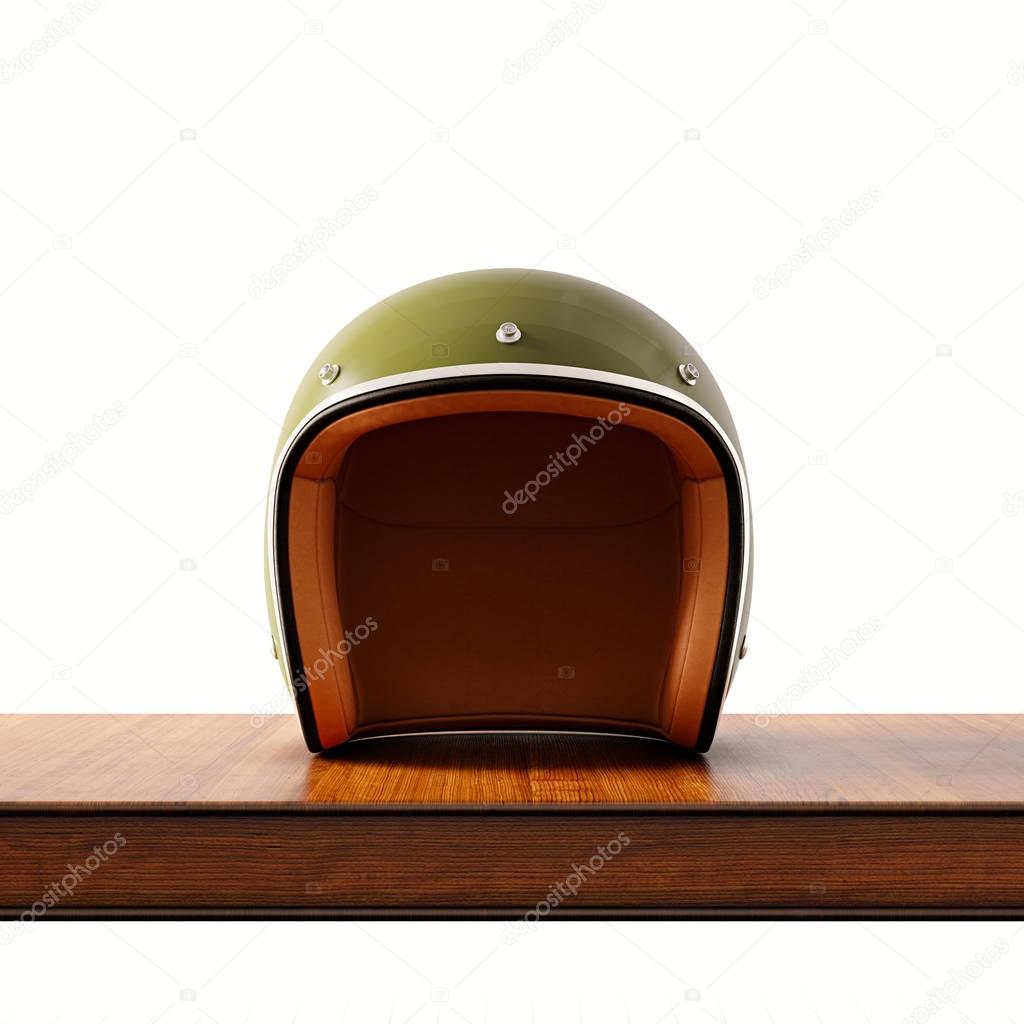 Front side view of green color vintage style motorcycle helmet on natural wooden desk.Concept classic object isolated white background.Square.3d rendering.