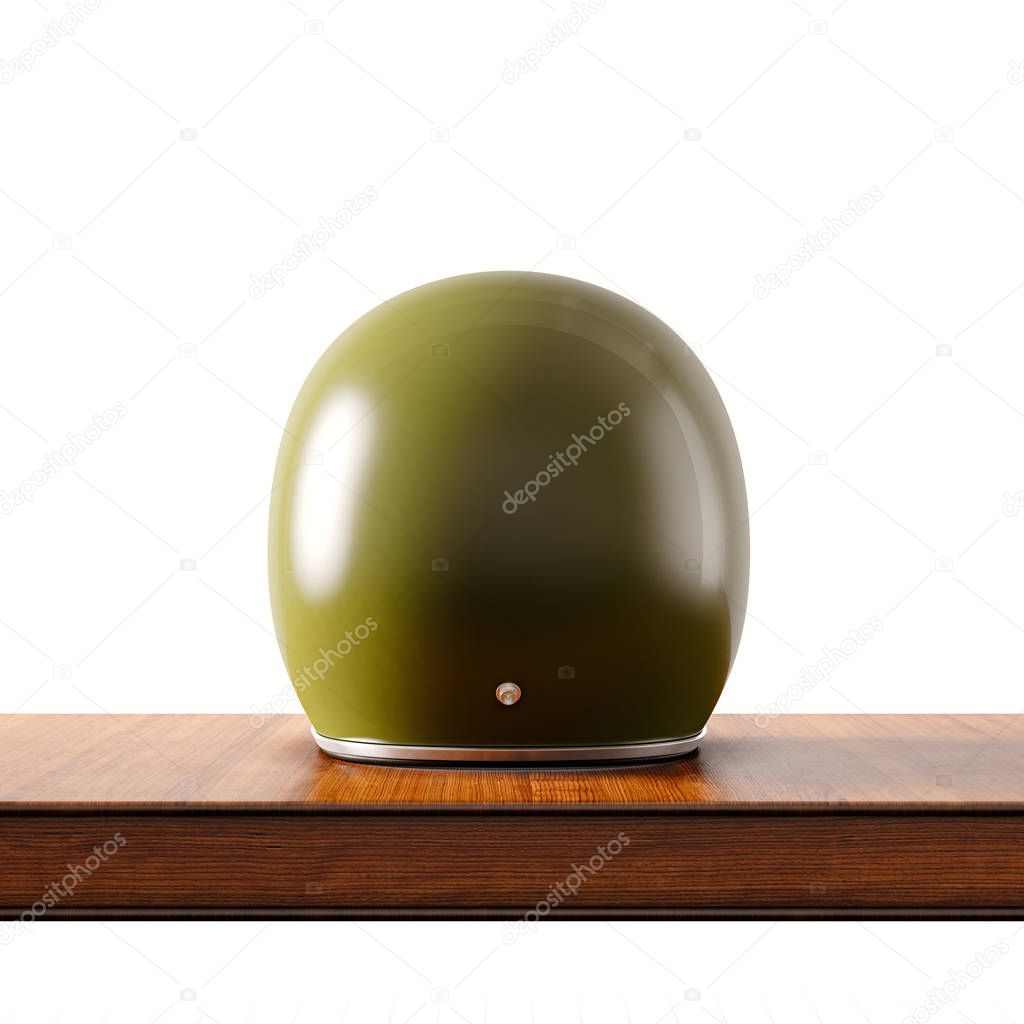 Back side view of green color vintage style motorcycle helmet on natural wooden desk.Concept classic object isolated white background.Square.3d rendering.