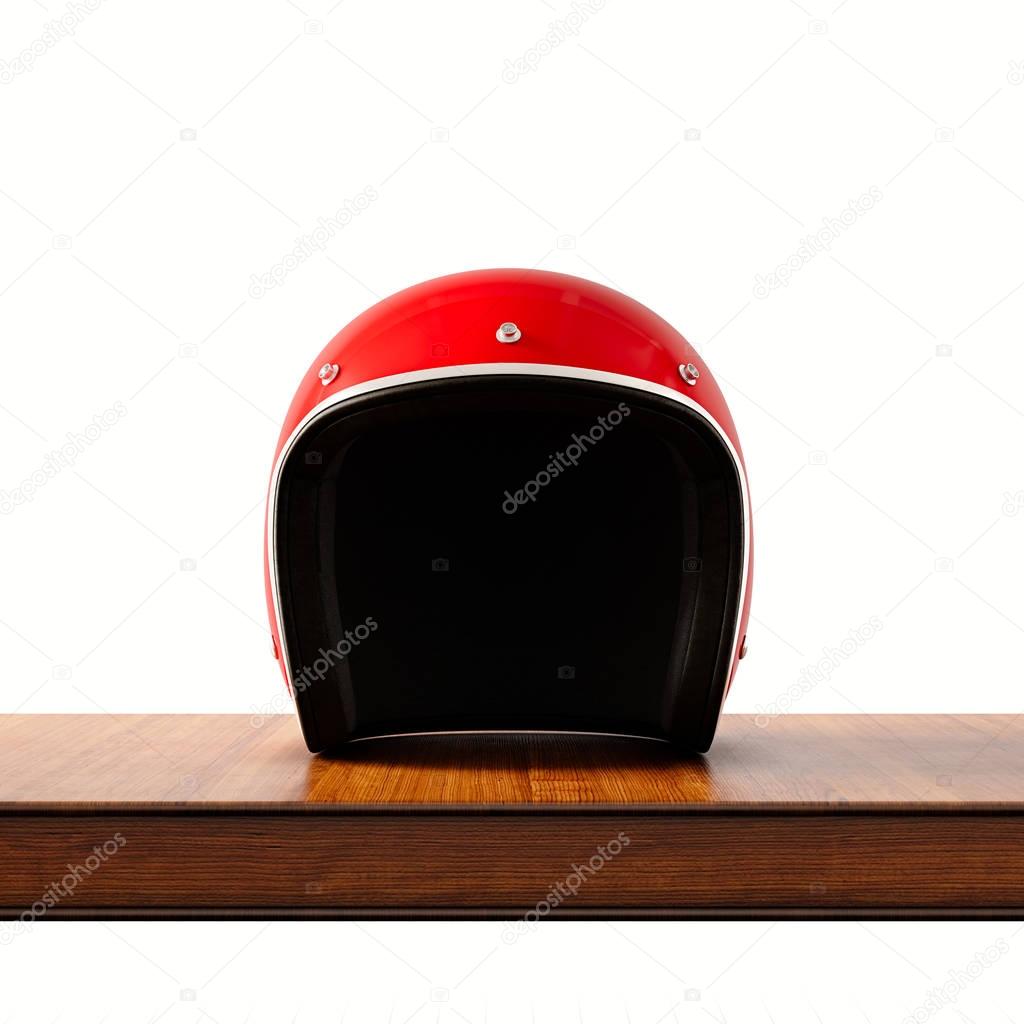 Front side view of red color vintage style motorcycle helmet on natural wooden desk.Concept classic object isolated white background.Square.3d rendering.