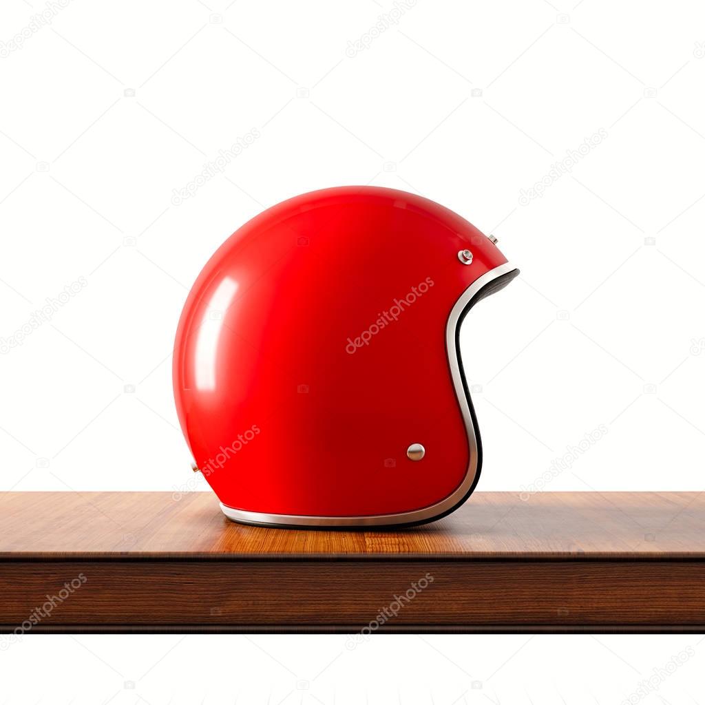 Side view of red color vintage style motorcycle helmet on natural wooden desk.Concept classic object isolated at white background.Square.3d rendering.