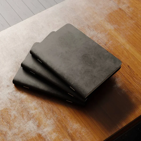 Conceito de três caderno em branco com capa de papel texturizado preto em mesa de madeira. Mockup horizontal vazio. Renderização 3d — Fotografia de Stock