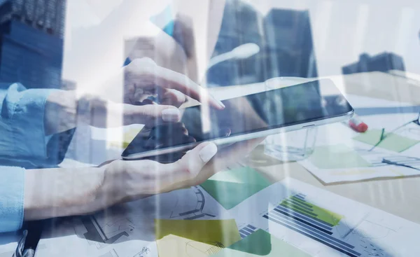 Concept of business woman using mobile devices.Closeup view female hands touching display digital tablet.Double exposure,modern skyscraper office building on blurred background.Horizontal. — Stock Photo, Image