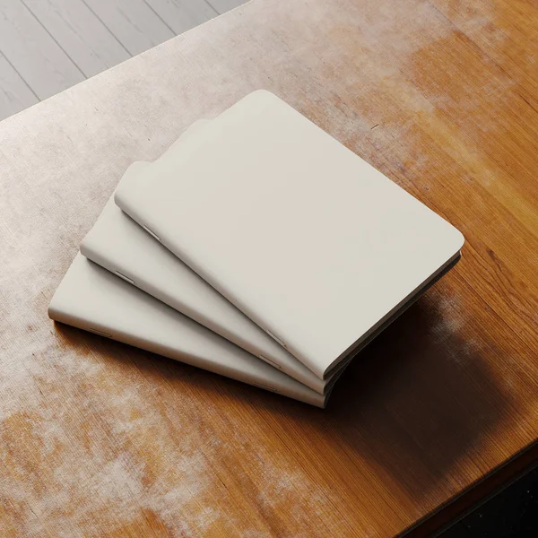 Concetto di tre taccuini bianchi con copertina in carta artigianale su scrivania in legno. Mockup orizzontale vuoto. rendering 3d — Foto Stock