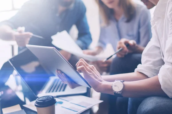 Young people working with modern devices — Stock Photo, Image