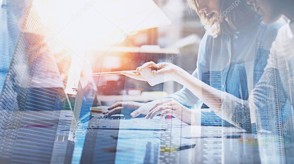 business people with laptop and skyscrapers