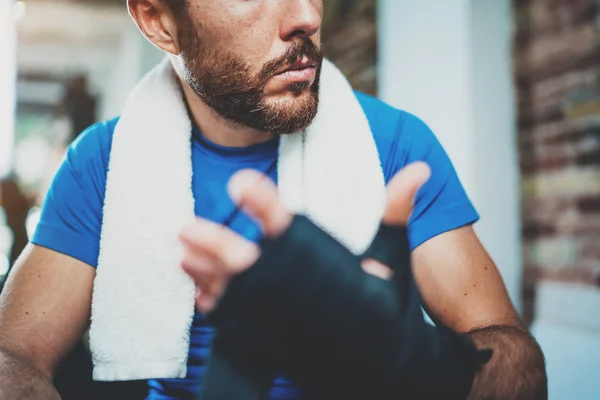 Athlete tying boxing bandages — Stock Photo, Image