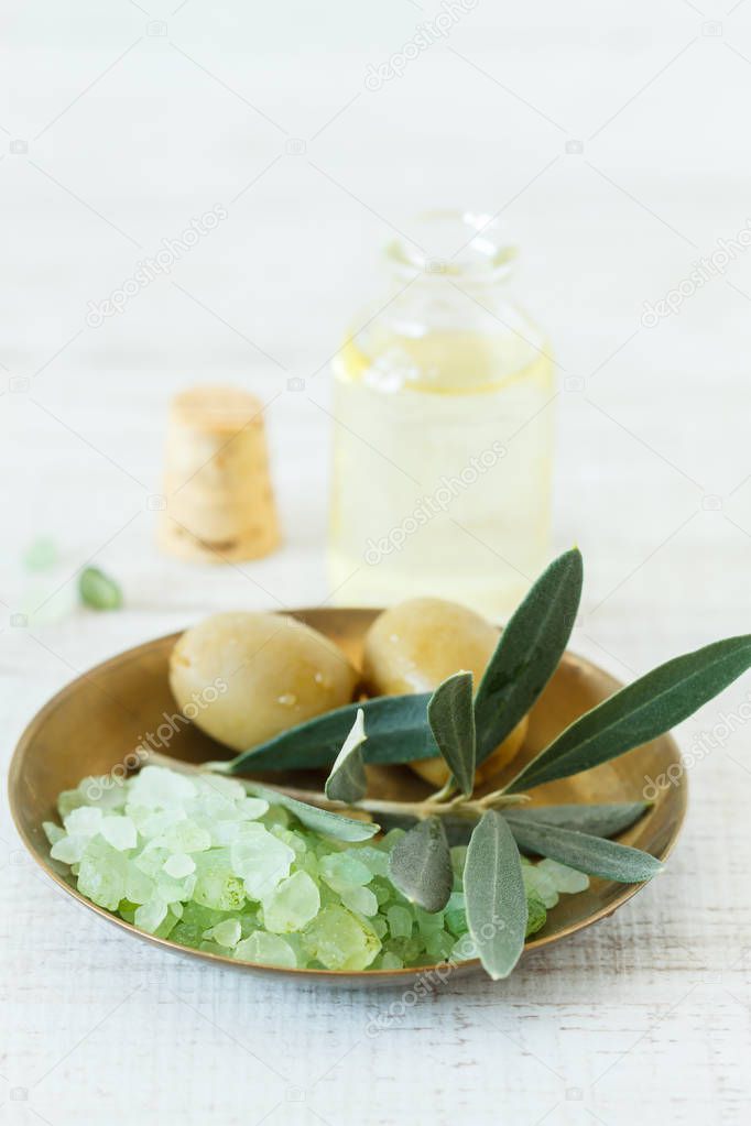 Natural organic cosmetics oil and salt crystal made from olive